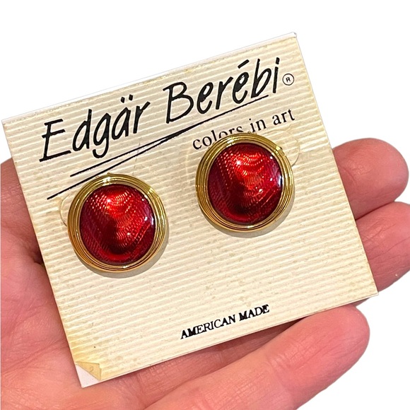 Vintage 1980s Edgar Berebi Gold finish earrings red enamel - Picture 3 of 10
